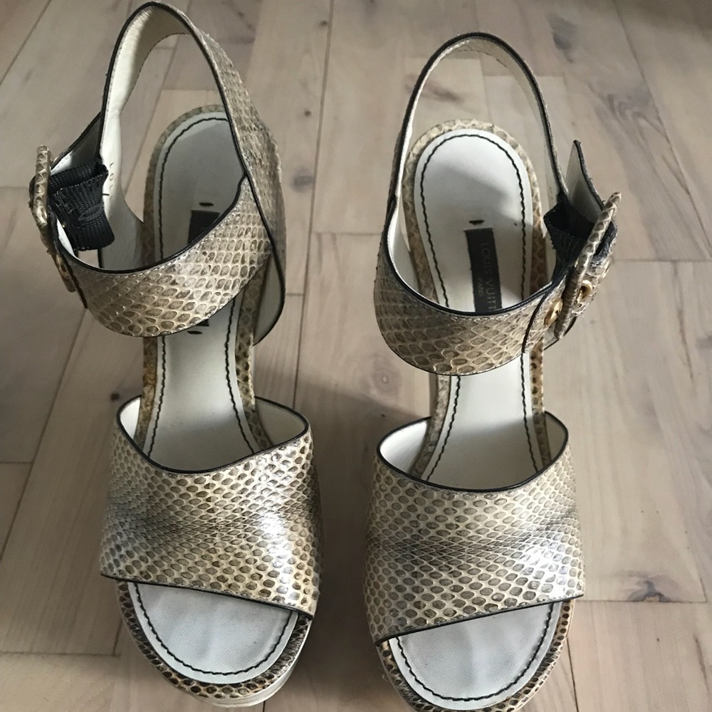 Louis Vuitton white snakeskin wedges